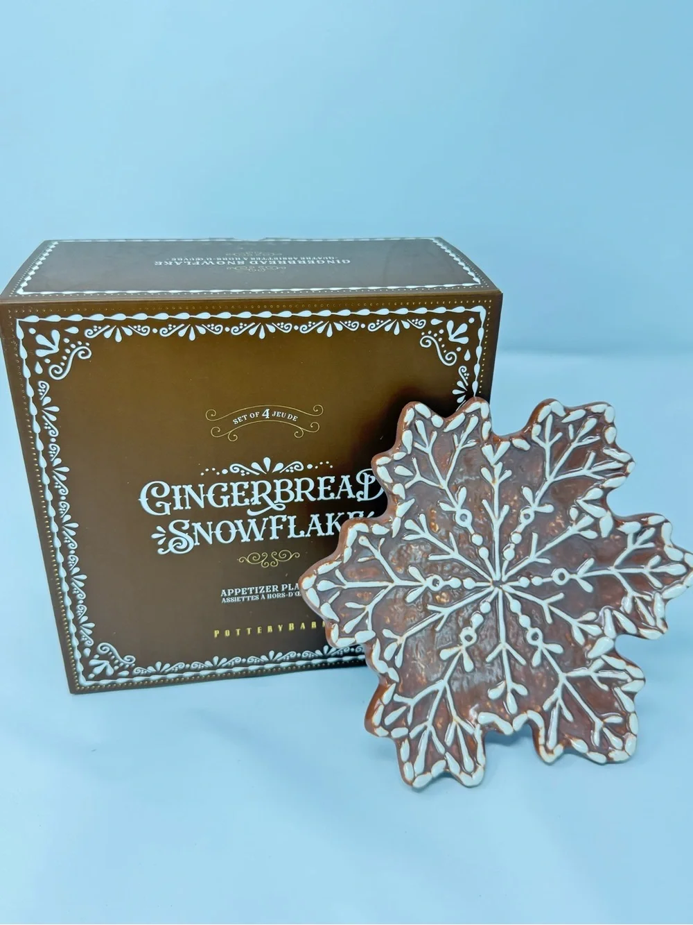 Pottery Barn Gingerbread Snowflake Stoneware Appetizer Plates – Set of 4 NEW